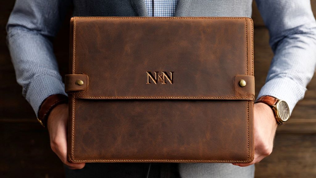 2. Personalized leather portfolio with engraved initials for corporate gifting and business relationships