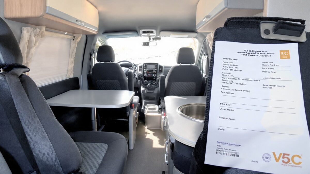 1. V5C registration certificate showing Motor Caravan body type classification in section D6 with vehicle details visible