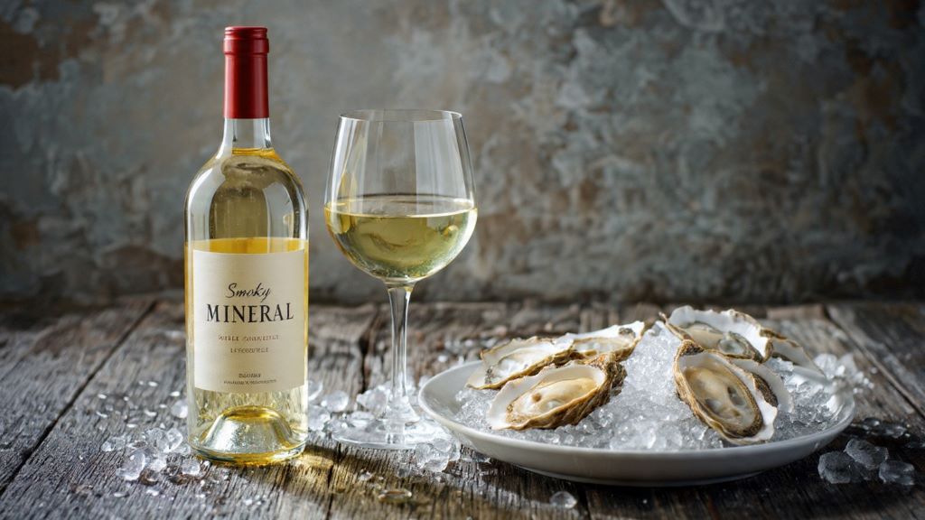 Smoky mineral white wine bottle next to raw oysters on serving platter