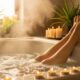 Warm spa bath with gentle steam rising for tired leg relief