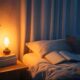 Cozy bedroom scene with a person reading a book propped on a back support wedge pillow in bed, soft lamp light casting warm glow.