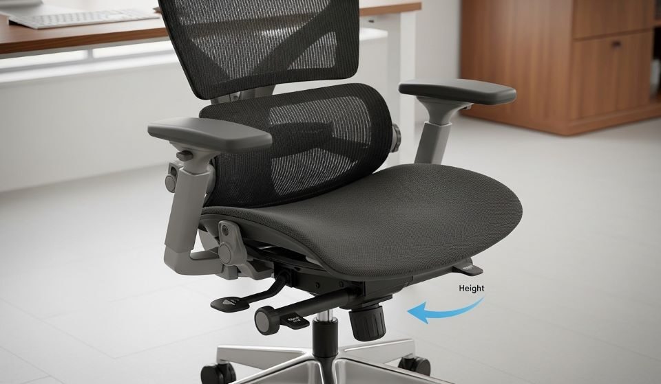 Ergonomic office chair demonstrating proper lumbar support and adjustable features for optimal spinal alignment and back health