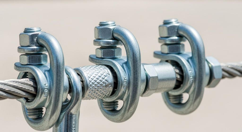 Close-up of properly installed rope clamps on wire cable
