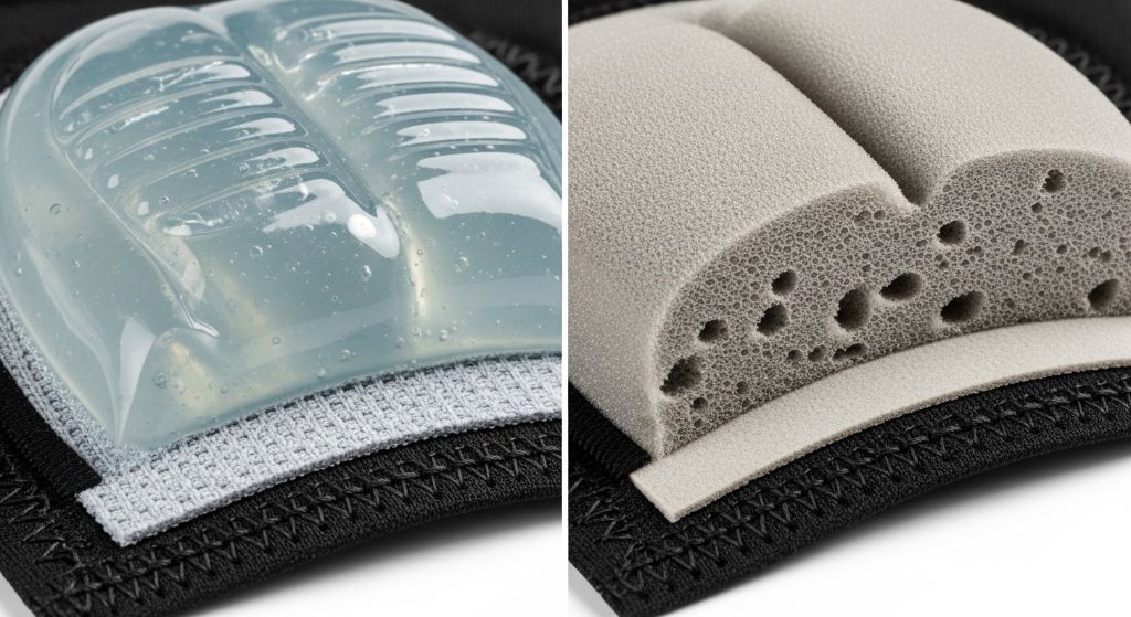 Close-up comparison of gel padding versus foam padding inside women's cycling shorts chamois