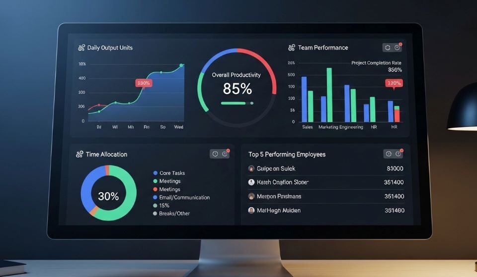 Dashboard showing productivity metrics and performance tracking data from workplace efficiency software