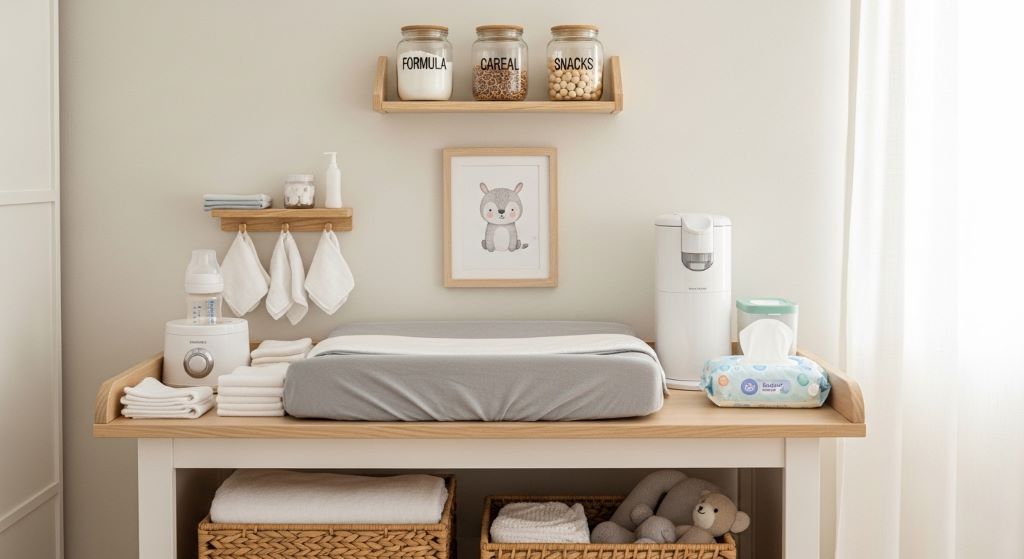 Organized nursery feeding station with essentials neatly arranged