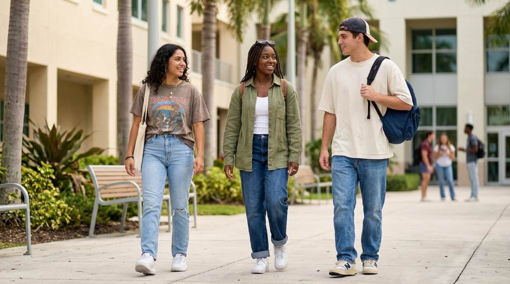 Stylish Miami university student pairing oversized neutral shirt with straight-leg denim during sunny weather