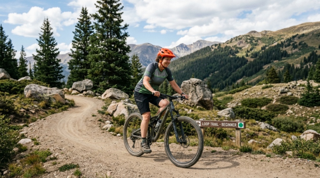 Mountain biker riding a beginner-friendly trail through rugged terrain