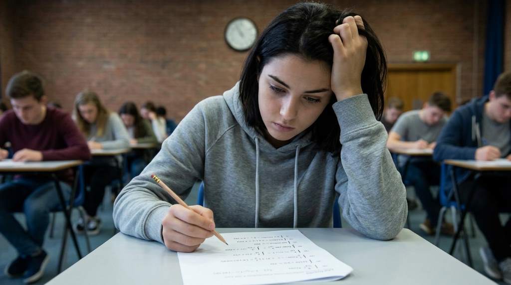 Student meditating before a school exam to reduce test anxiety
