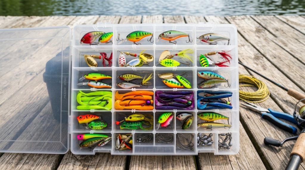 Angler placing a fishing lure into a clear plastic divider tray.