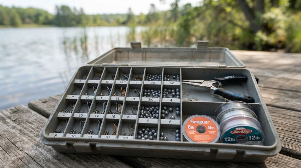 Fishing tackle box organized for different conditions