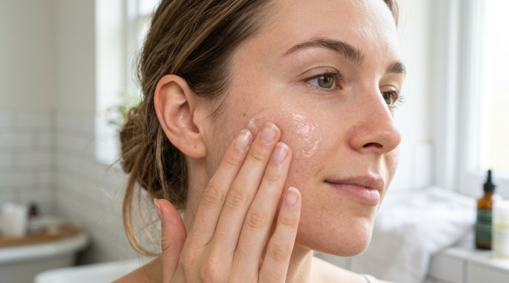 Woman gently applying liquid exfoliant to her face.