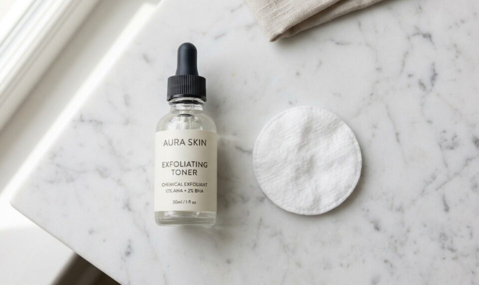 Minimalist dropper bottle and cotton pad on a neutral countertop.
