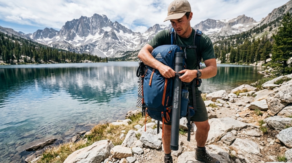 Hiker attaching a telescopic fishing rod to a backpack.